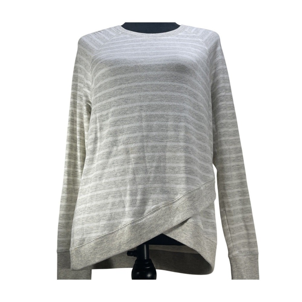 Athleta Womens M Striped Crossover Hem Top Grey White Modal Gorpcore Athleisure